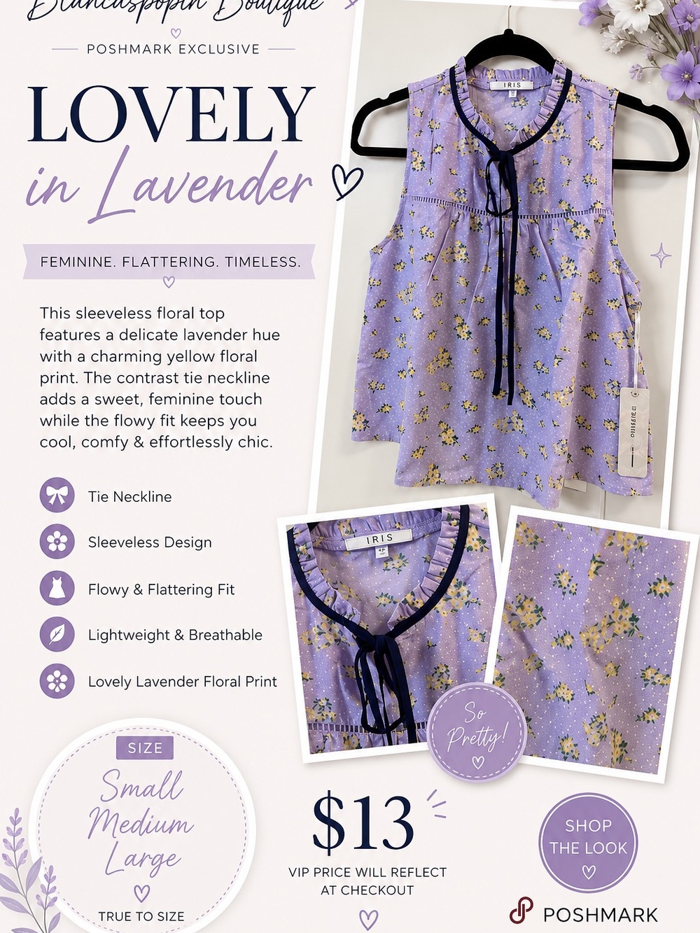 iris Lavender Floral Sleeveless Top with Navy Tie